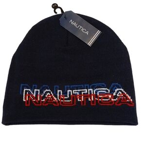 NWT Nautica Men's Beanie Navy Blue With Red White Blue Logo